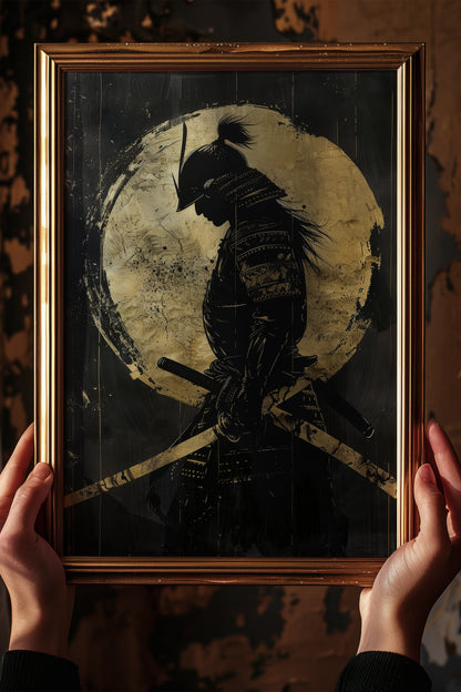 Gold Leaf Dual Katana Samurai Print - Obsidian Art | Samurai Legacy