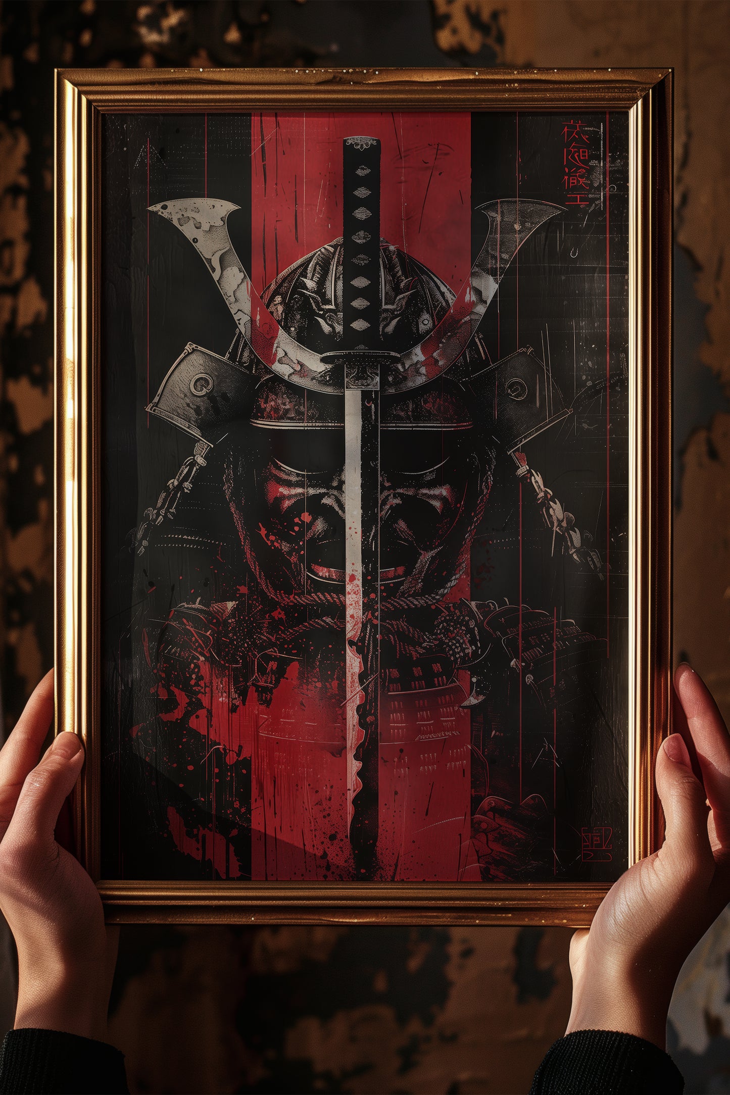 Crimson Katana Kabuto Poster - Graphic Samurai Print | Samurai Legacy
