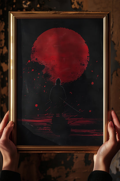 Crimson Moon Samurai Wall Art - Dark Minimalist Poster | Samurai Legacy