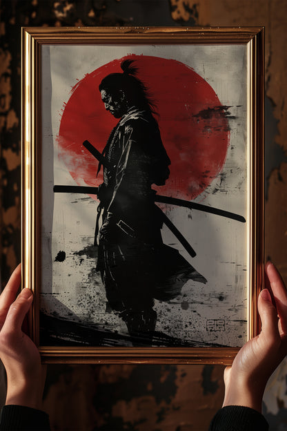 Red Sun Samurai Art Print - Vintage Sumi Ink Poster | Samurai Legacy
