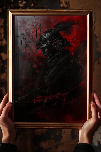 Crimson Samurai Helmet Profile Print - Dark Impasto Art | Samurai Legacy