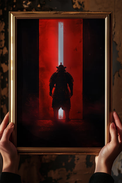 Red Portal Samurai Armor Print - Minimal Light Beam Art | Samurai Legacy