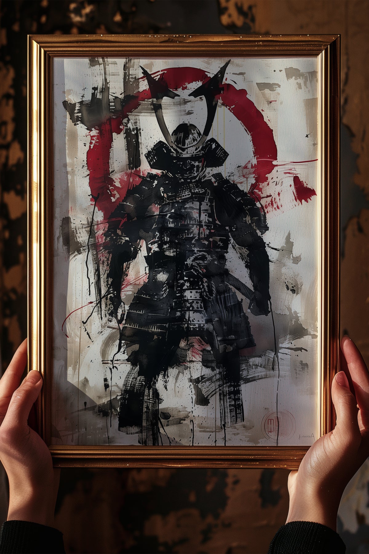 Red Enso Samurai Armor Print - Sumi Ink Wash Poster | Samurai Legacy