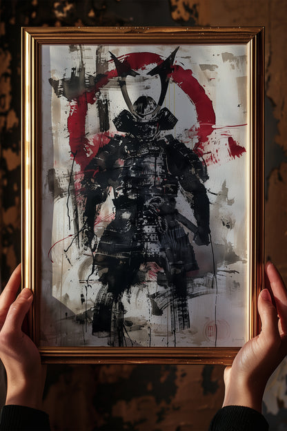 Red Enso Samurai Armor Print - Sumi Ink Wash Poster | Samurai Legacy