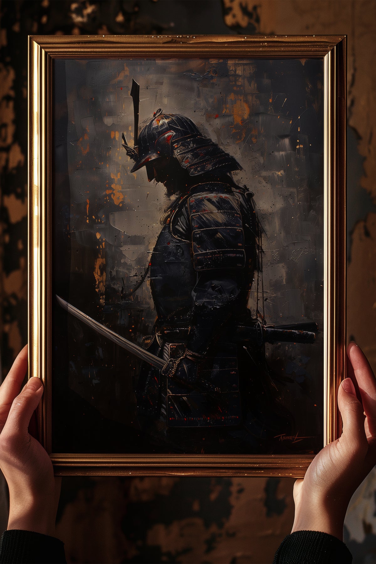 Gold Ember Samurai Profile Print - Dark Impasto Art | Samurai Legacy