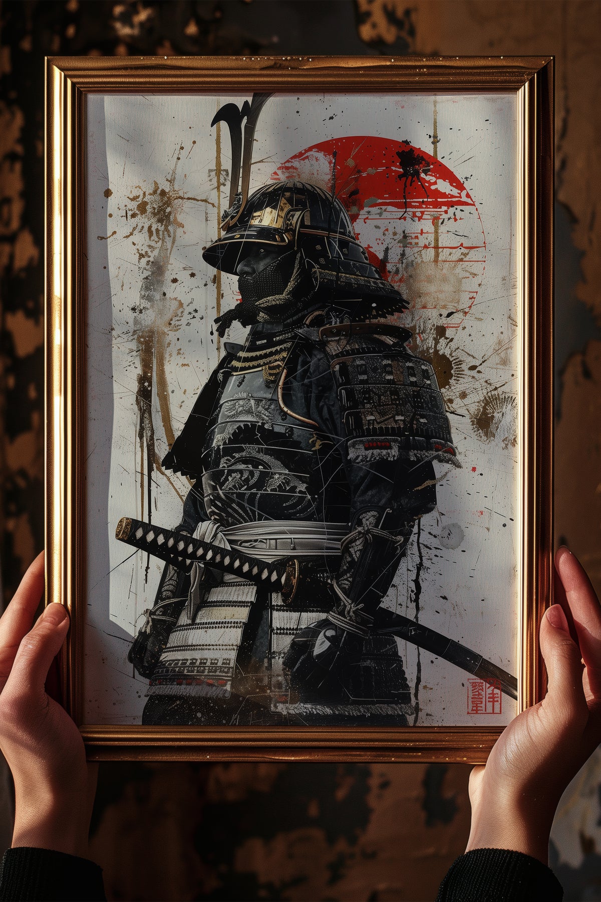 Red Sun Samurai Armor Print - Gold Splatter Wash Art | Samurai Legacy