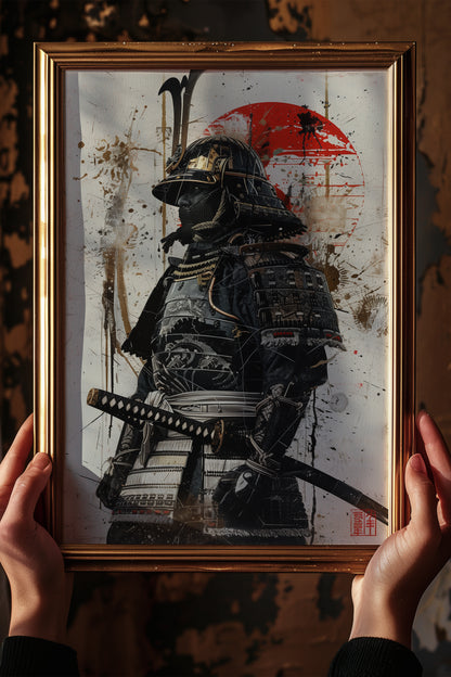 Red Sun Samurai Armor Print - Gold Splatter Wash Art | Samurai Legacy