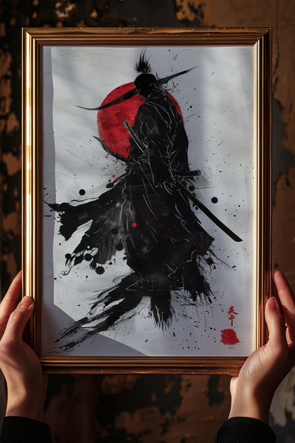 Crimson Sun Samurai Print - Dynamic Sumi Ink Poster | Samurai Legacy