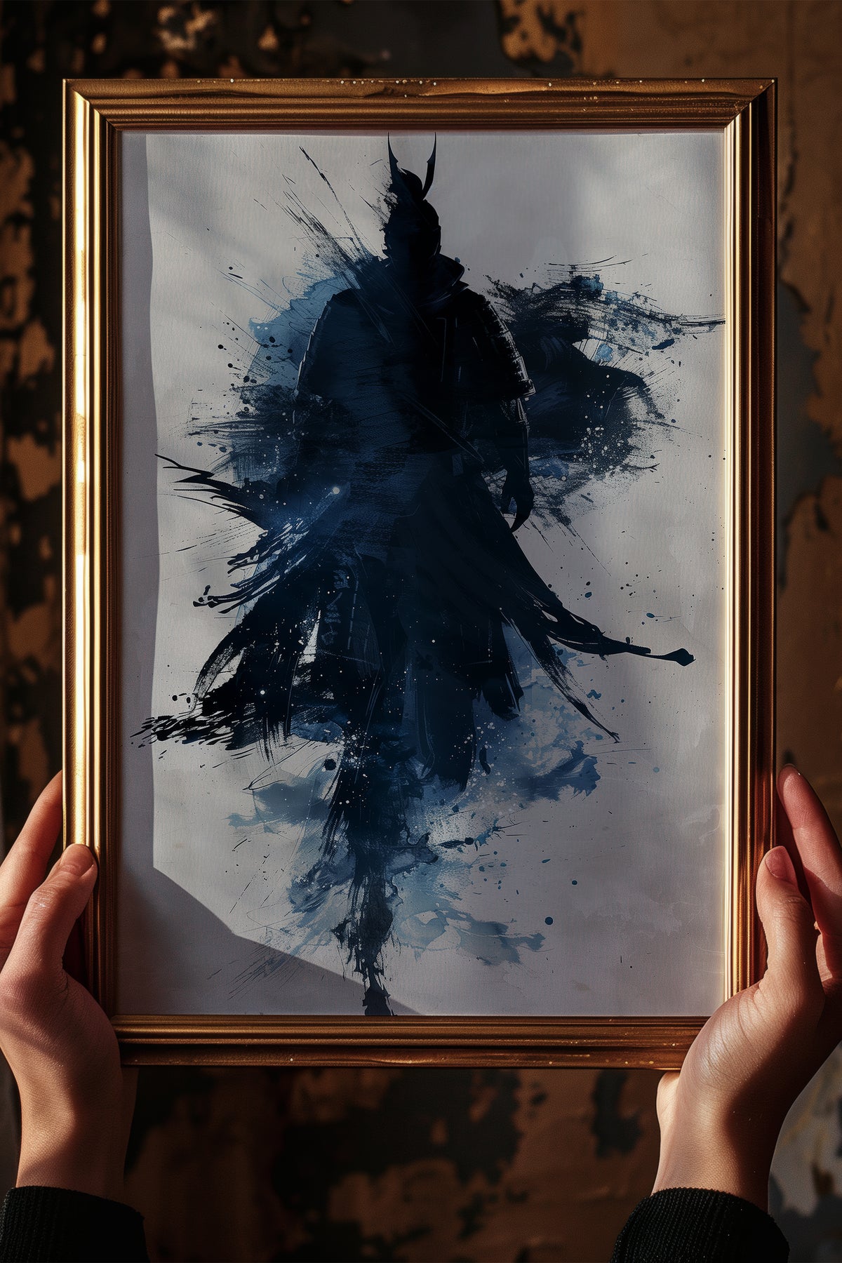 Indigo Splatter Samurai Print - Sumi Ink Wash Poster | Samurai Legacy