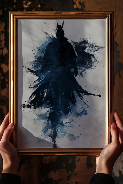 Indigo Splatter Samurai Print - Sumi Ink Wash Poster | Samurai Legacy