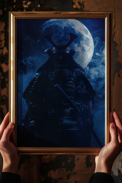 Full Moon Samurai Armor Print - Lunar Noir Art | Samurai Legacy