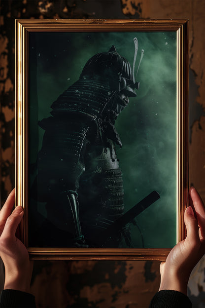 Emerald Shadow Samurai Print - Jade Mist Shogun Poster | Samurai Legacy