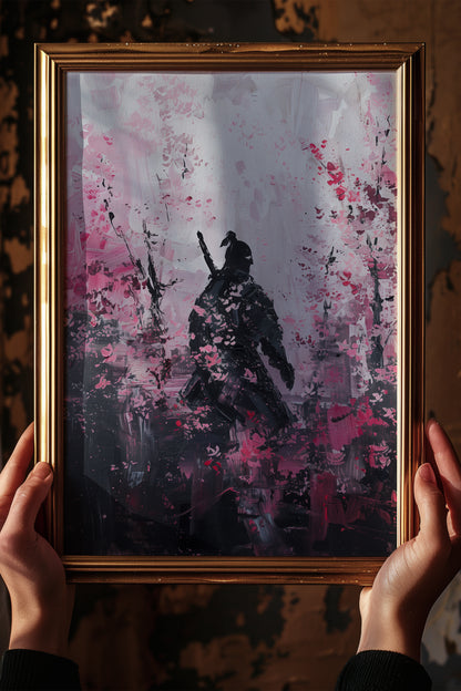 Cherry Blossom Samurai Print - Impressionist Pink Sakura Poster | Samurai Legacy