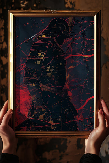 Crimson Line Samurai Armor Poster - Abstract Gold Print | Samurai Legacy