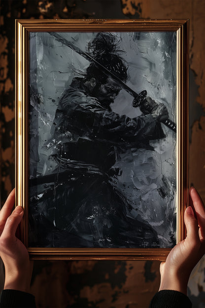 Monochromatic Katana Samurai Poster - Impasto Art Print | Samurai Legacy