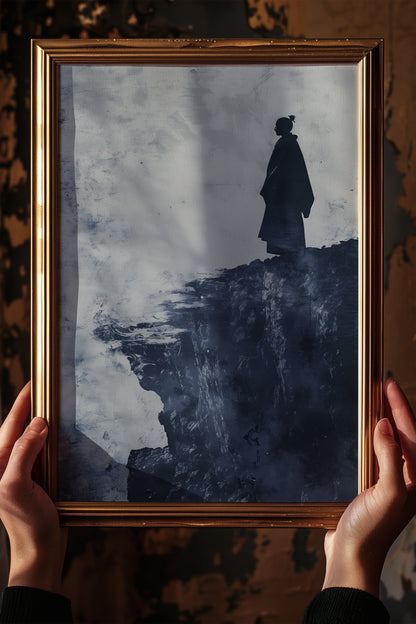 Cliffside Samurai Print - Slate Blue Ink Wash Poster | Samurai Legacy