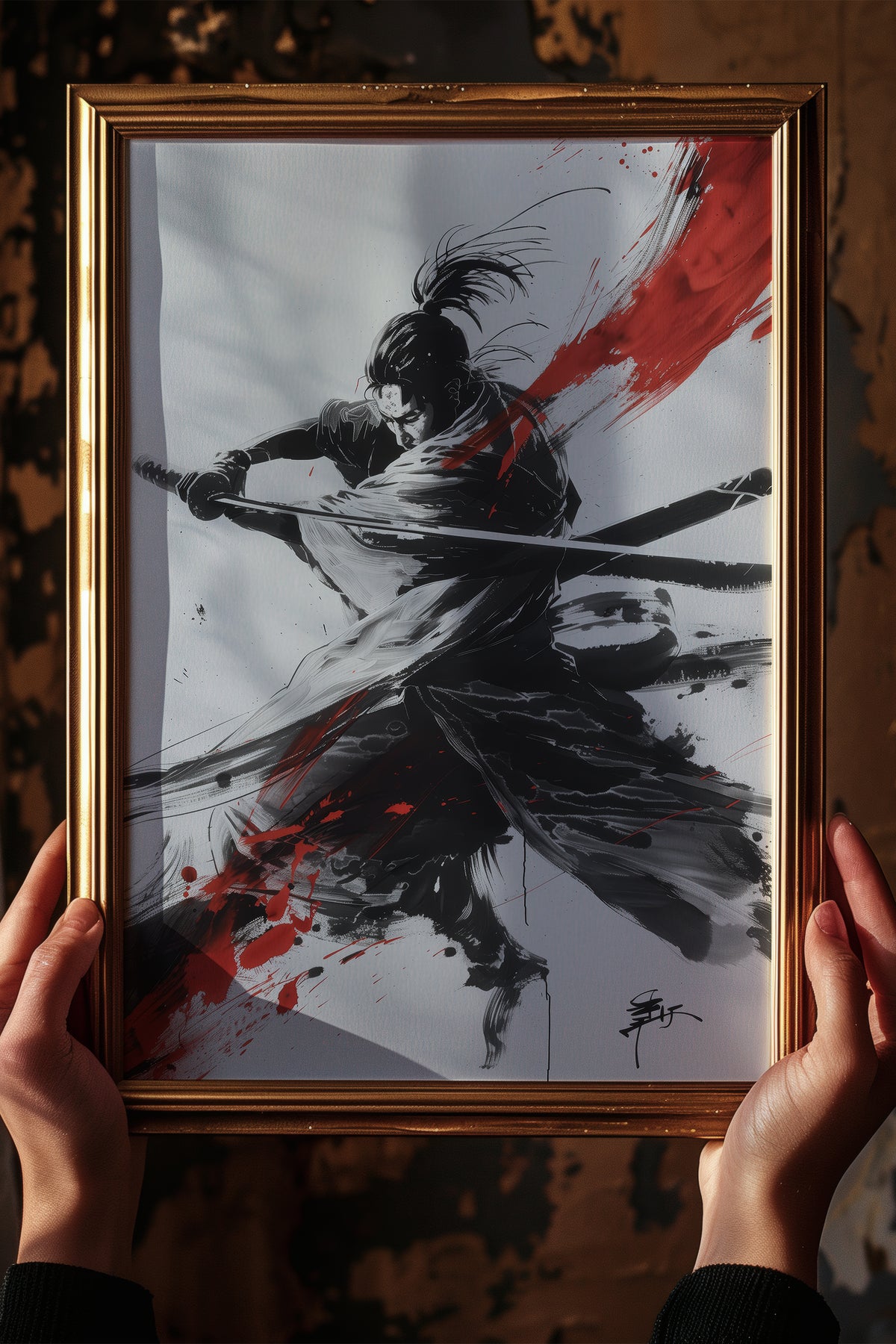 Crimson Arc Samurai Katana Print - Ink Wash Poster | Samurai Legacy