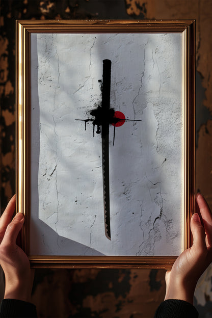Katana Sword Red Sun Wall Art - Minimalist Ink Poster | Samurai Legacy