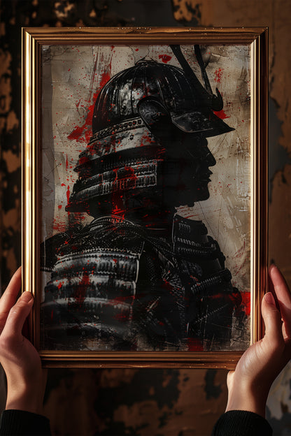 Crimson Splatter Kabuto Samurai Print - Vintage Art | Samurai Legacy