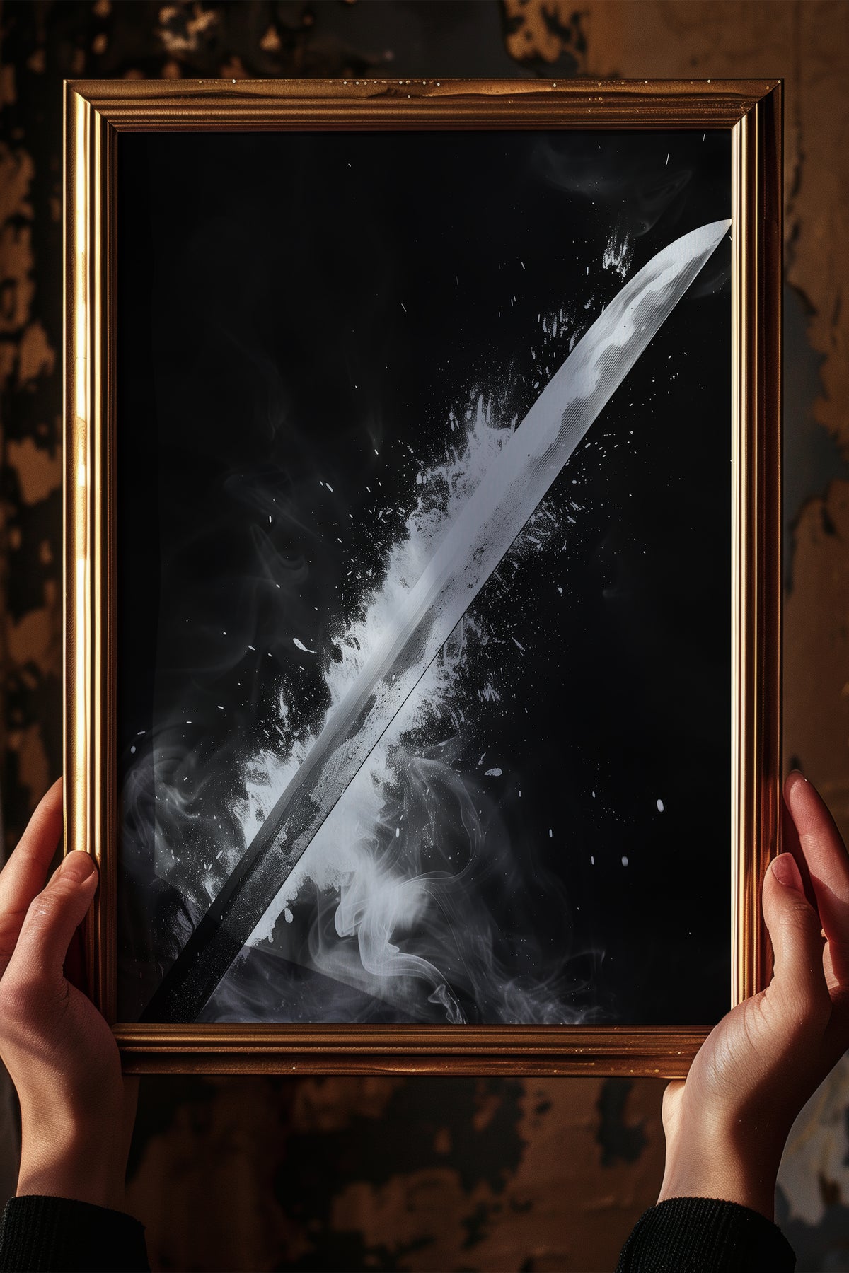 Glowing Katana Blade Print - Monochromatic Smoke Poster | Samurai Legacy