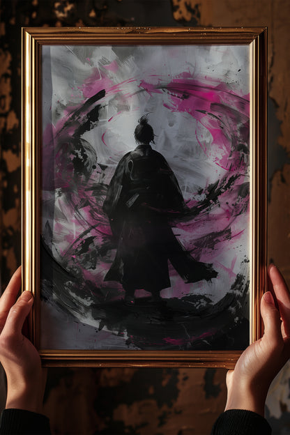 Silent Focus Lone Samurai Print - Expressionist Pink Ink Art | Samurai Legacy