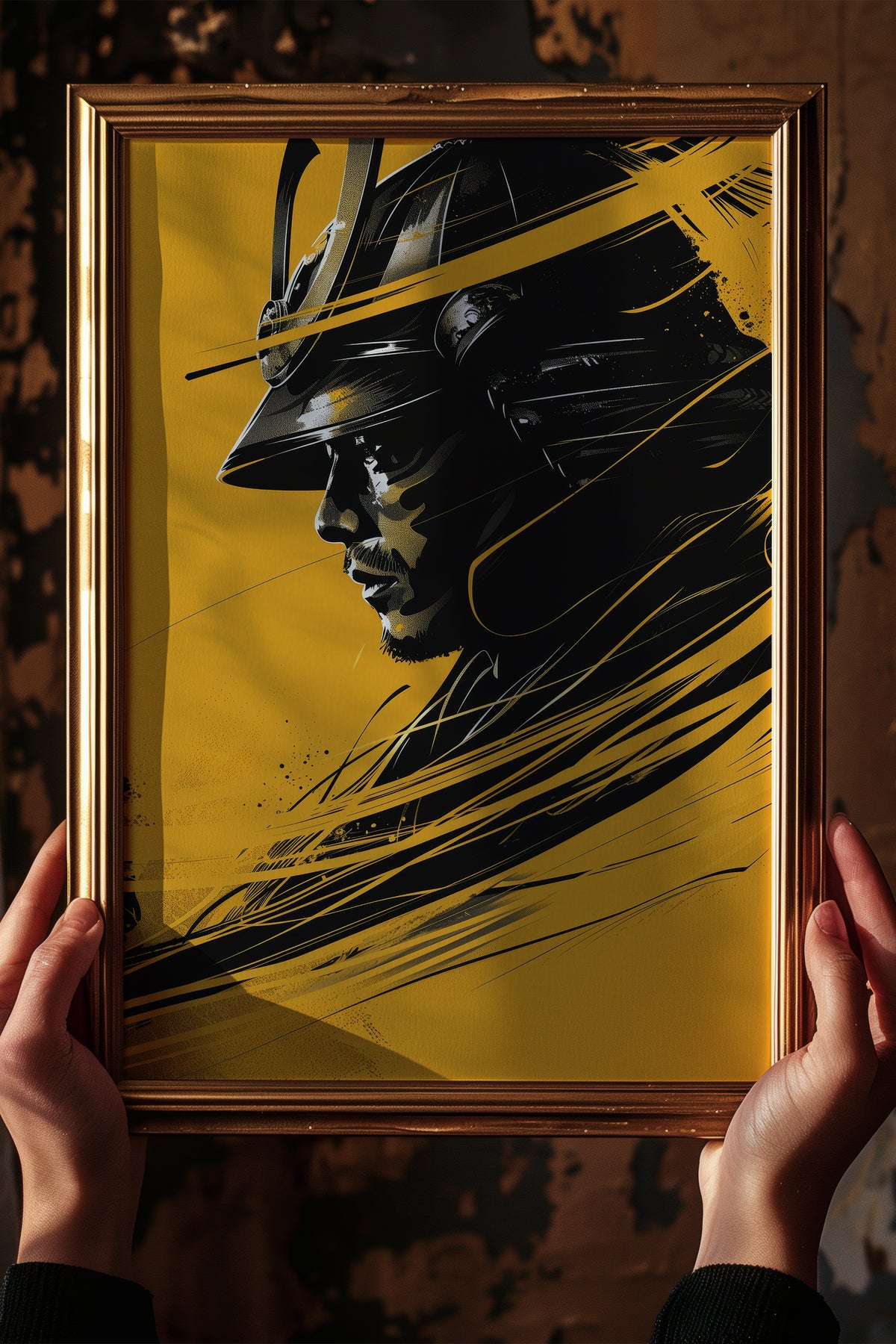 Silent Resolve Samurai Helmet Print - Dynamic Amber Warrior | Samurai Legacy