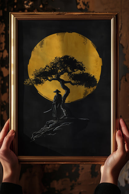 Lone Moonlit Samurai Bonsai Print - Abstract Gold & Black Zen Landscape | Samurai Legacy