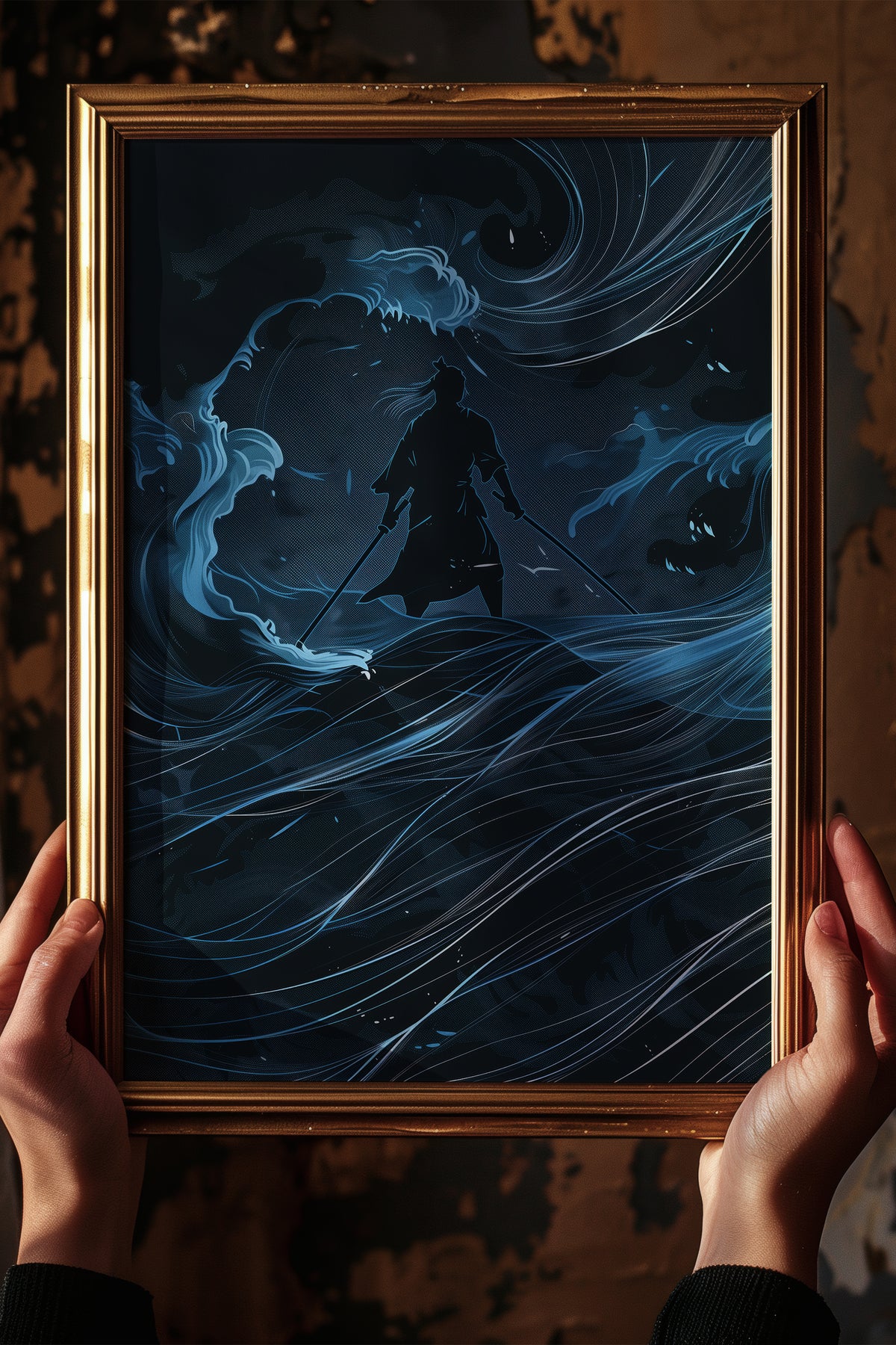 Lone Samurai Blue Ocean Print - Abstract Wave Art | Samurai Legacy