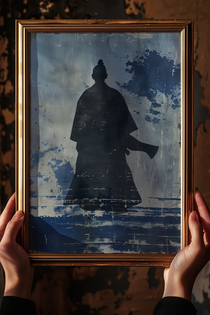 Lone Samurai Silhouette Print - Blue Ink Wabi-Sabi Art | Samurai Legacy