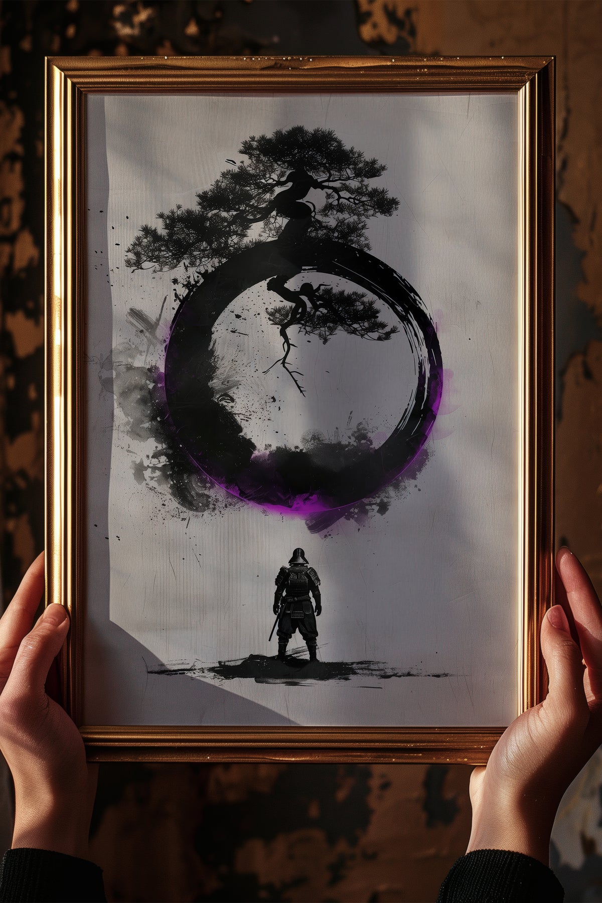 Zen Enso Circle Samurai Print - Violet Ink Pine Tree Decor | Samurai Legacy