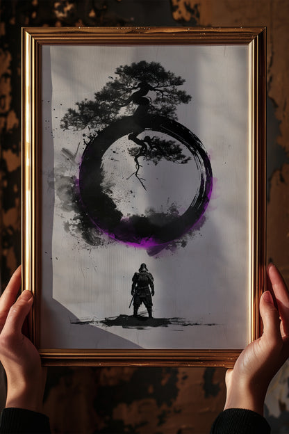 Zen Enso Circle Samurai Print - Violet Ink Pine Tree Decor | Samurai Legacy