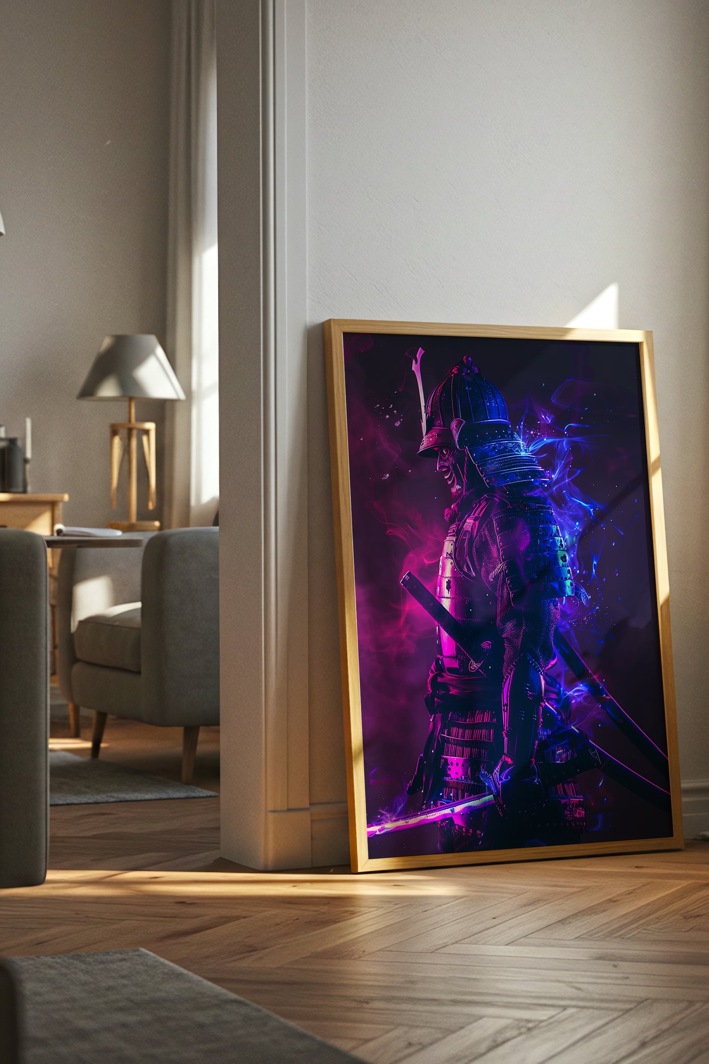 Cyber Neon Samurai Wall Art - Violet Blue Shogun Poster | Samurai Legacy