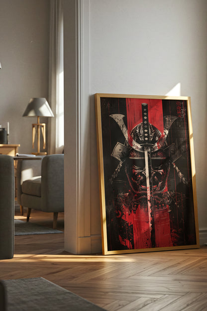 Crimson Katana Kabuto Poster - Graphic Samurai Print | Samurai Legacy