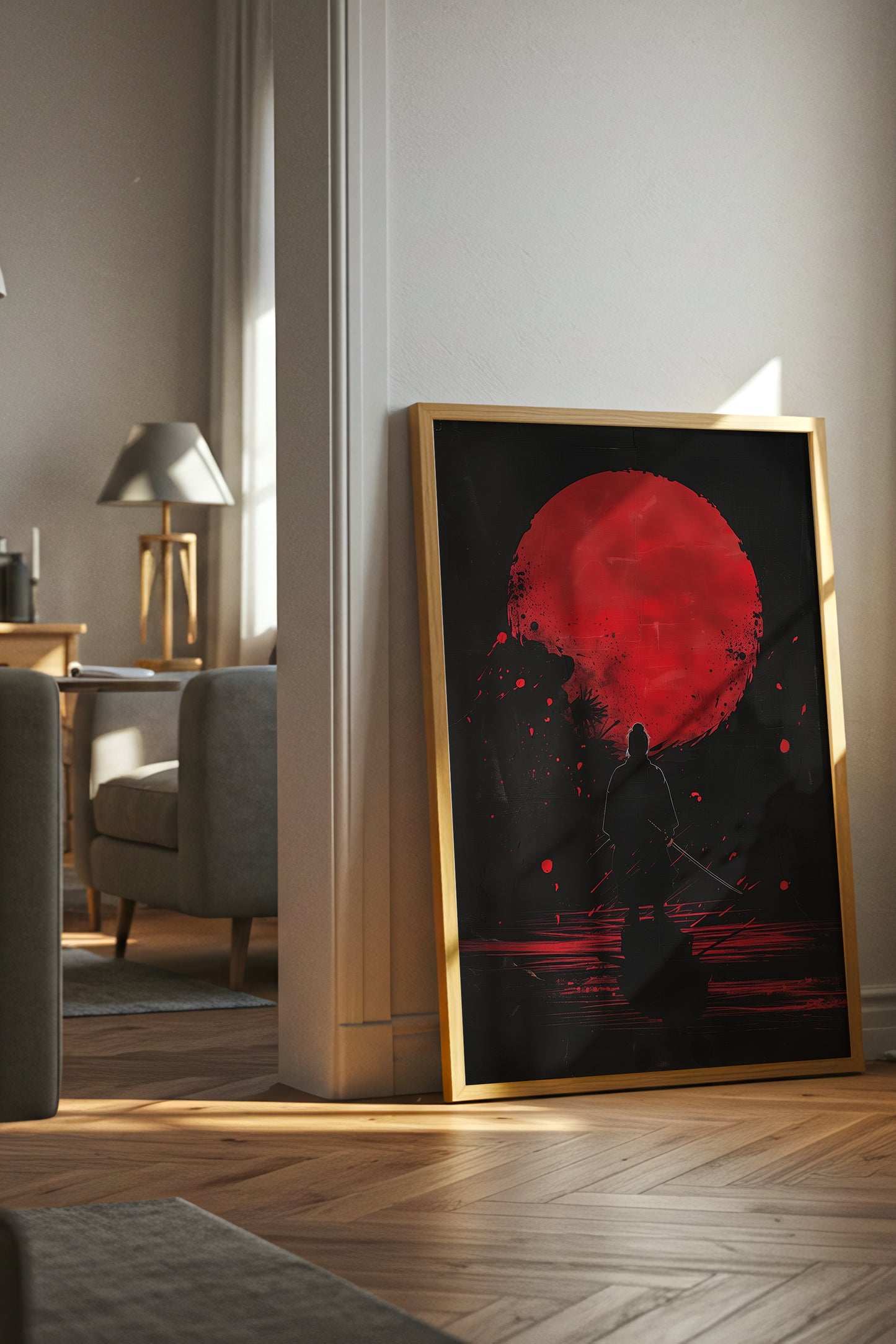Crimson Moon Samurai Wall Art - Dark Minimalist Poster | Samurai Legacy