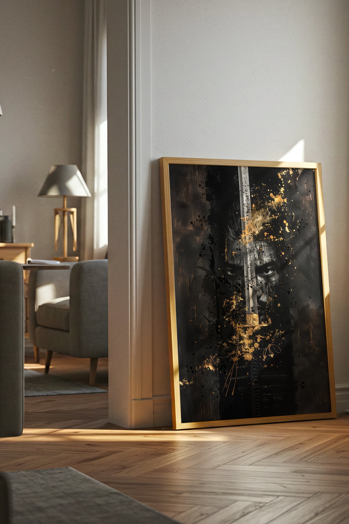 Blade Katana Samurai Face Print - Gold Splatter Art | Samurai Legacy