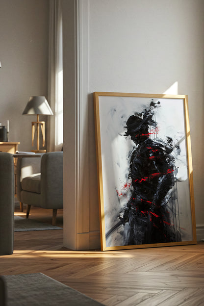 Charcoal Splatter Samurai Print - Raw Action Oil Poster | Samurai Legacy