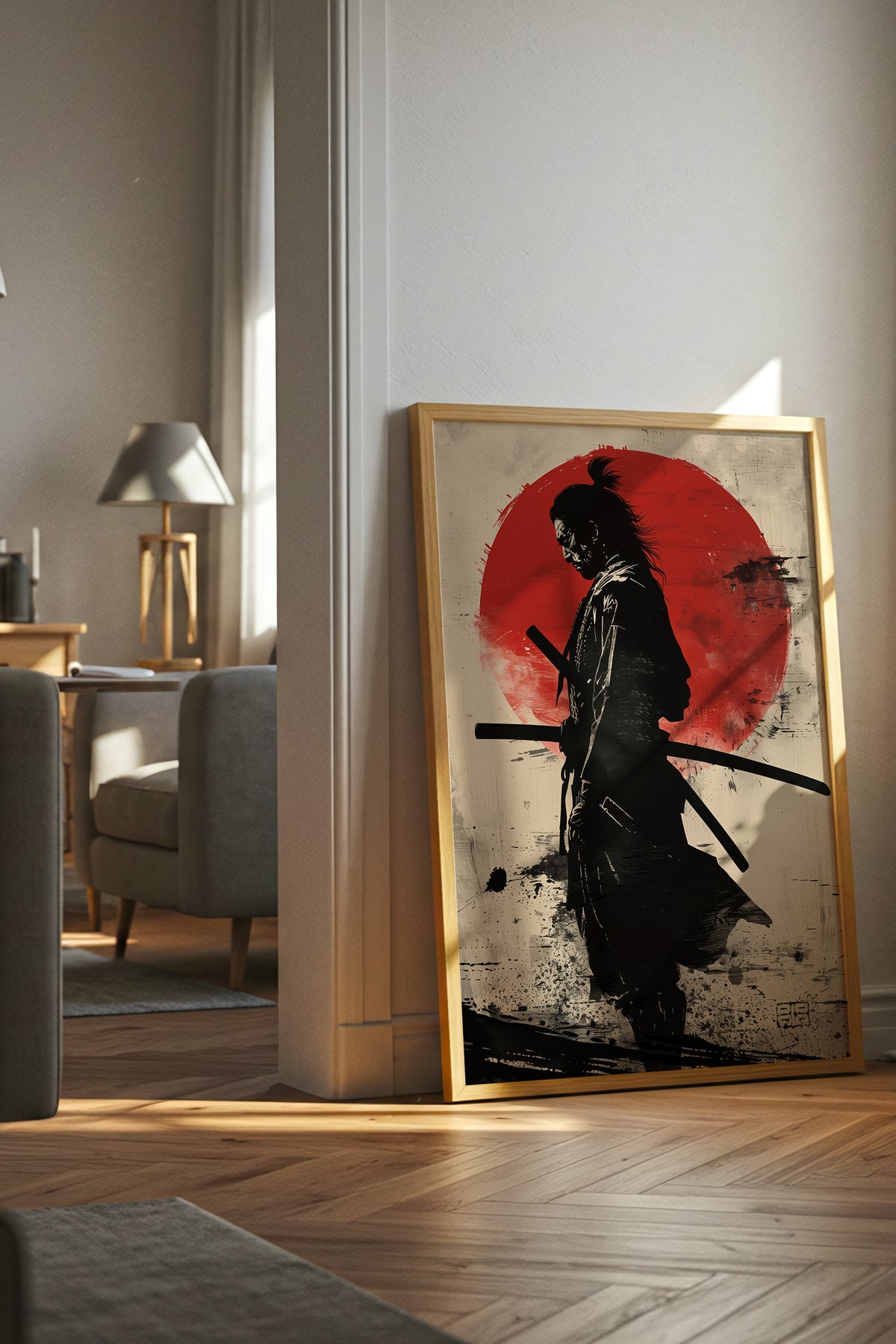 Red Sun Samurai Art Print - Vintage Sumi Ink Poster | Samurai Legacy