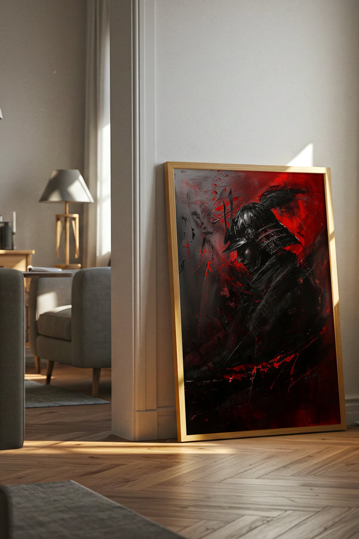 Crimson Samurai Helmet Profile Print - Dark Impasto Art | Samurai Legacy