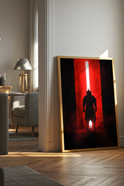 Red Portal Samurai Armor Print - Minimal Light Beam Art | Samurai Legacy