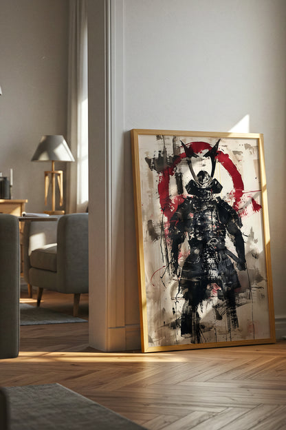 Red Enso Samurai Armor Print - Sumi Ink Wash Poster | Samurai Legacy