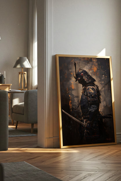 Gold Ember Samurai Profile Print - Dark Impasto Art | Samurai Legacy