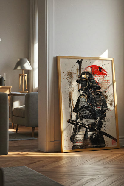 Red Sun Samurai Armor Print - Gold Splatter Wash Art | Samurai Legacy