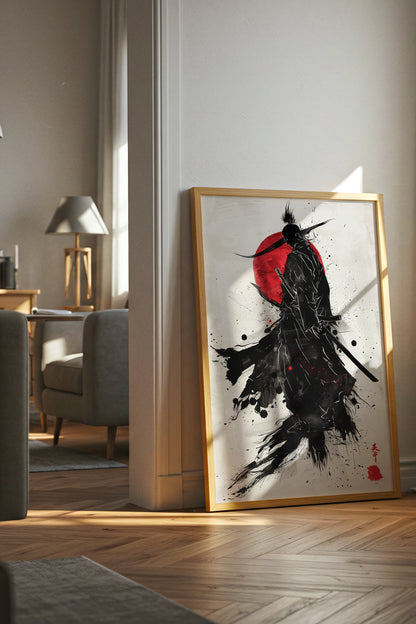Crimson Sun Samurai Print - Dynamic Sumi Ink Poster | Samurai Legacy