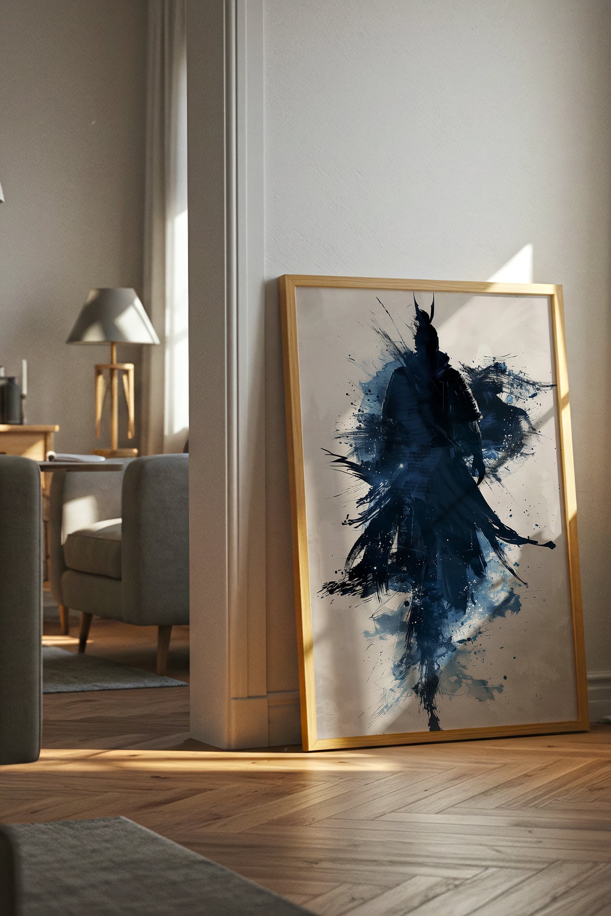 Indigo Splatter Samurai Print - Sumi Ink Wash Poster | Samurai Legacy