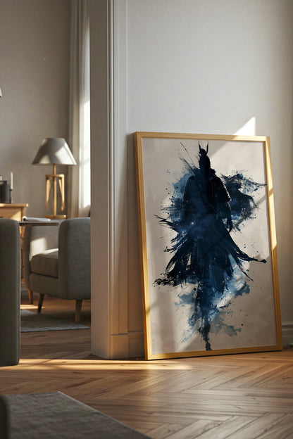 Indigo Splatter Samurai Print - Sumi Ink Wash Poster | Samurai Legacy