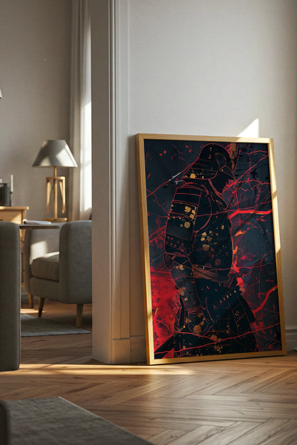 Crimson Line Samurai Armor Poster - Abstract Gold Print | Samurai Legacy