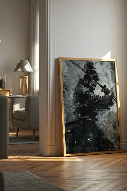 Monochromatic Katana Samurai Poster - Impasto Art Print | Samurai Legacy