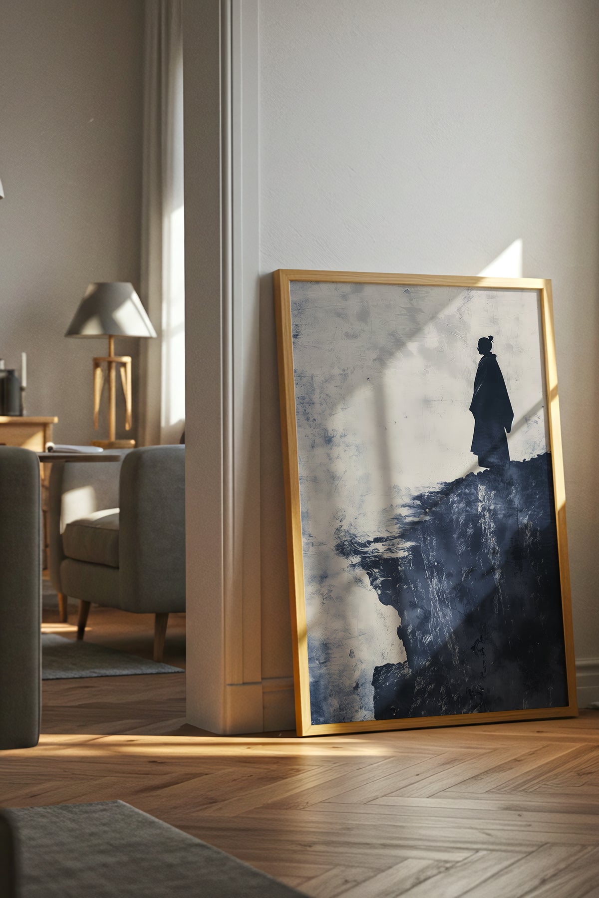 Cliffside Samurai Print - Slate Blue Ink Wash Poster | Samurai Legacy
