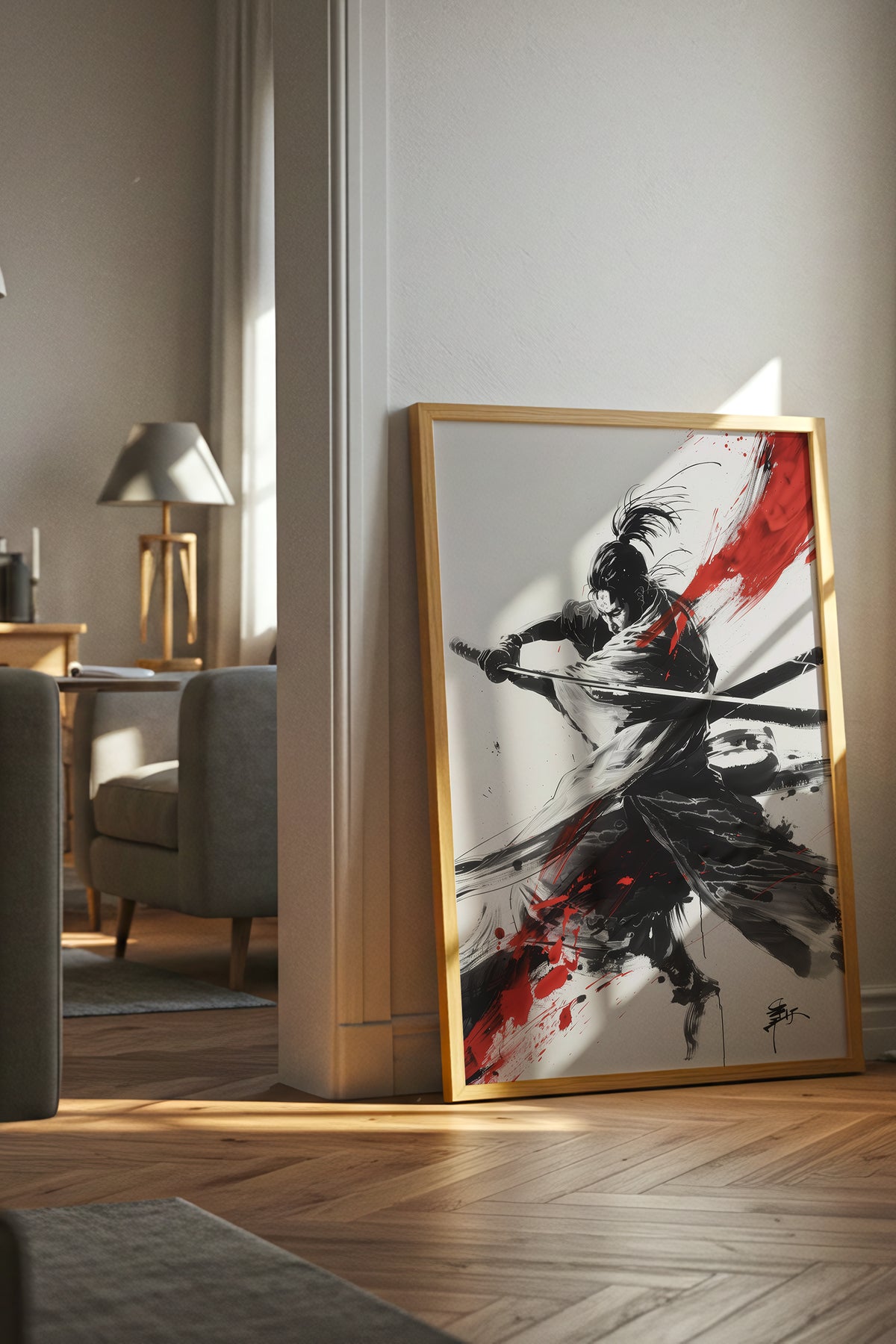 Crimson Arc Samurai Katana Print - Ink Wash Poster | Samurai Legacy