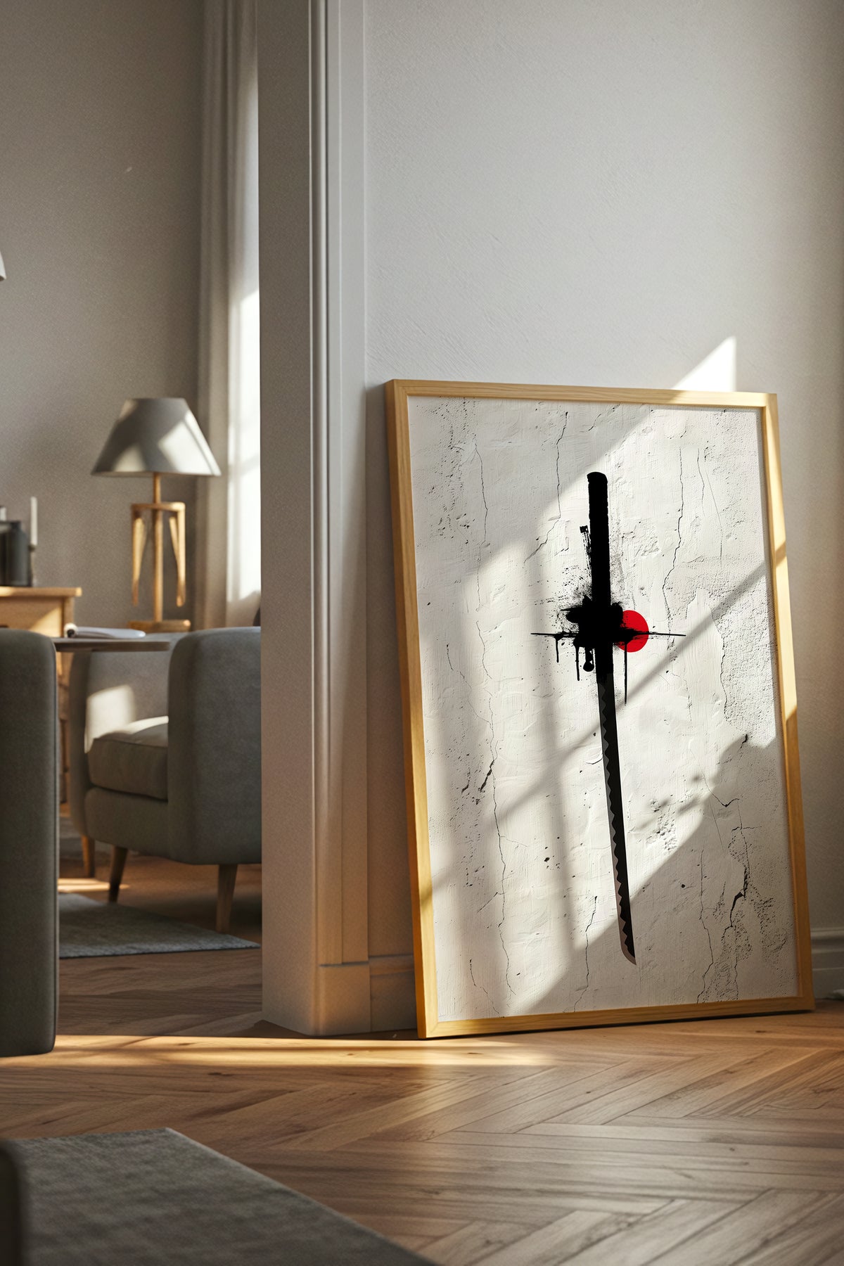 Katana Sword Red Sun Wall Art - Minimalist Ink Poster | Samurai Legacy